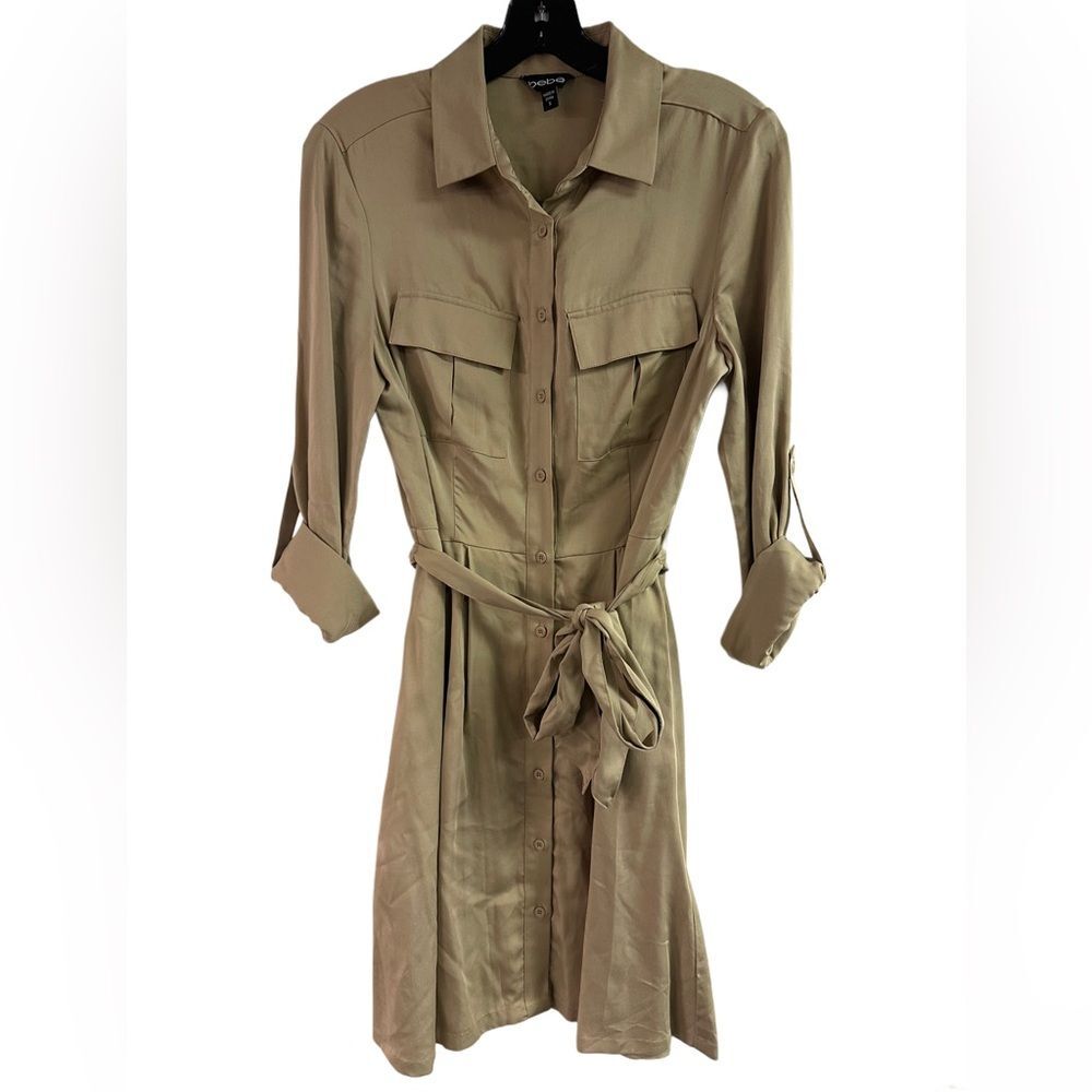 Bebe Beige Lyocell Pleated Belted Shirt Dress Roll Tab Long Sleeve Pockets SZ S